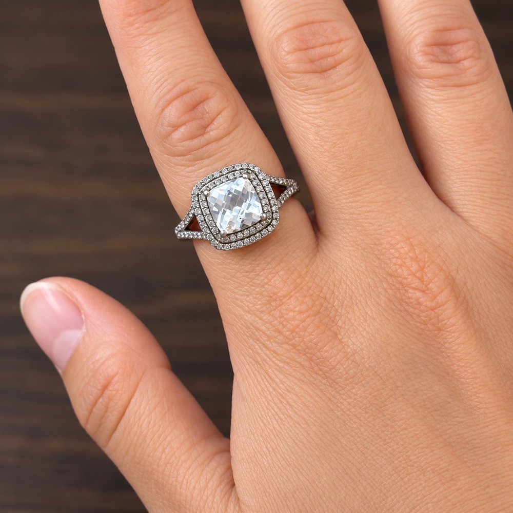 925 Sterling Silver Cushion Cut Clear Stone Double Halo Split Shank Ring Size 7